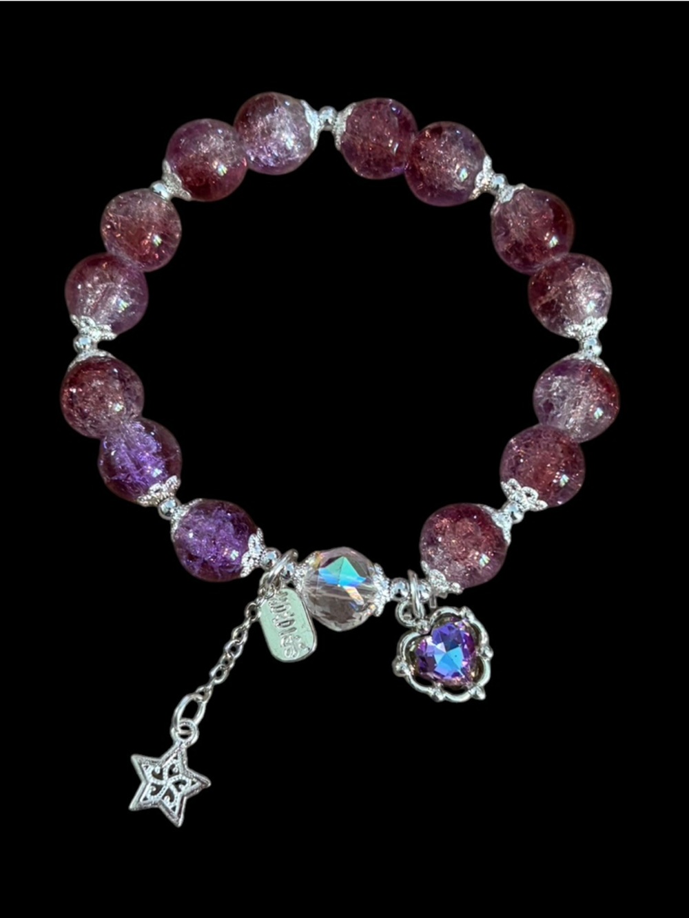 Pink/Purple Stretch Crackle Bead Bracelet w/ Star Charm. Silver tone hardware